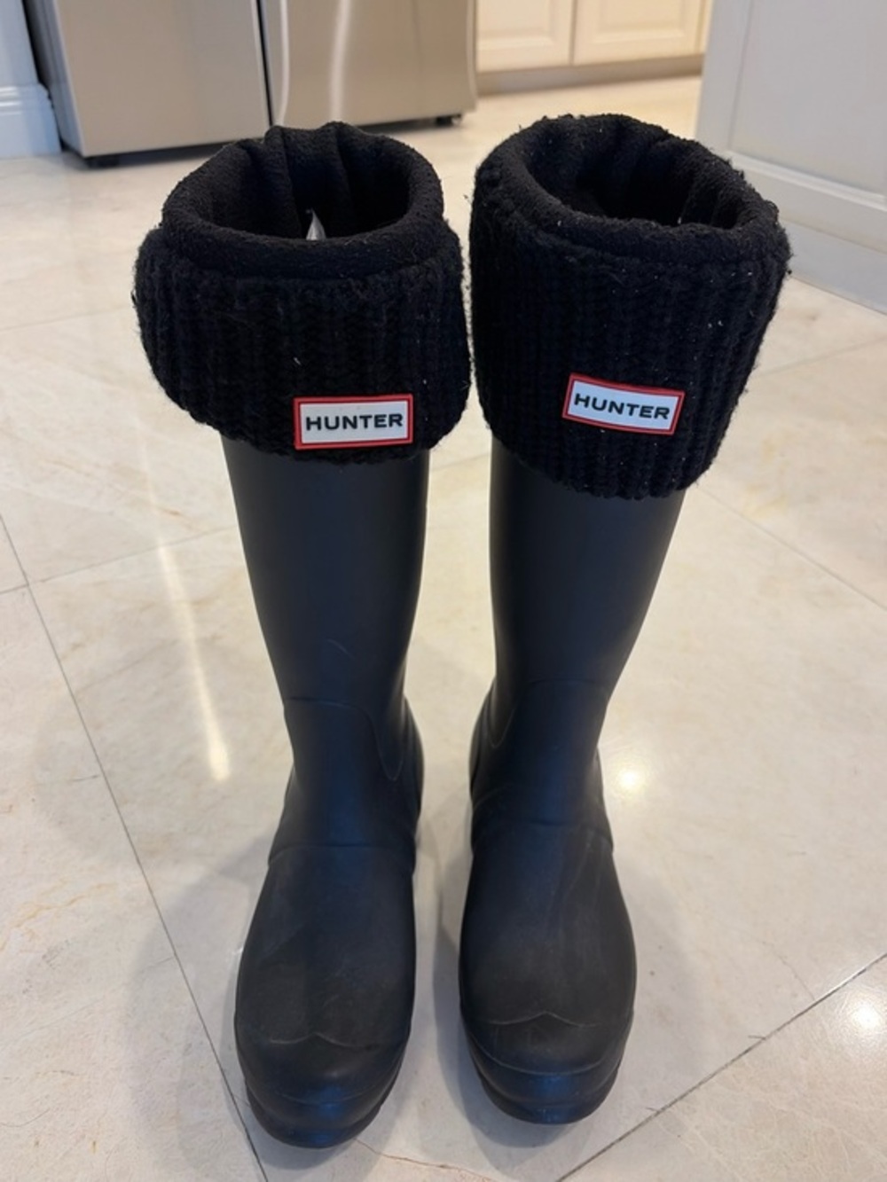 Hunter Black Rain Boots with Knit Fold-Over Cuff Socks